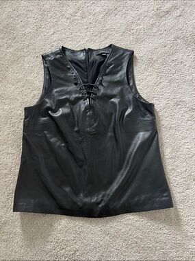 Lamarque Black Sleeveless genuine Leather V-Neck Tank top blouse shirt small